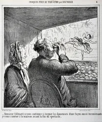 M. Colimard, si vous continuez à regarder les danseuses de manière aussi inappropriée, je vous ramènerai à la maison avant la fin du spectacle. Gravure par Honoré Daumier (1808-1879) dans Le Charivari. Taille de la feuille : 24,6x36cm. Palais Longchamp, Mu
