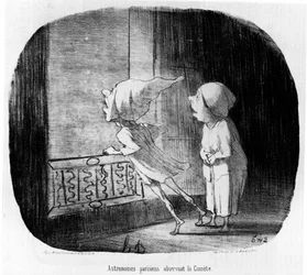 Astronomes parisiens observant la comète, tiré de Astronomie, série de caricatures sur les astronomes et la comète par Honoré Daumier. Charivari