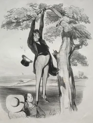 Pastorales, planche 2 : Les dangers de secouer un prunier trop vigoureusement..., 1845