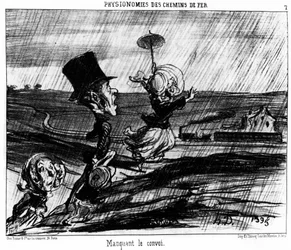 Physionomies ferroviaires. Manquer le convoi: série de caricatures sur les chemins de fer par Honoré Daumier. Charivari
