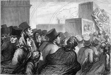 Voyageurs du dimanche. Dessin humoristique par Honoré Daumier (1808-1879). Gravure dans « Le Monde Illustré » n°264 du 3 mai 1862.