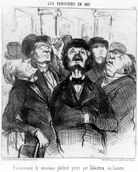 Les Parisiens en 1852 examinant le nouveau plafond peint par Delacroix au Louvre, tiré de « Peintures et Salons », série de caricatures par Honoré Daumier (1808-1879). « Charivari »