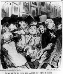 Le public du spectacle. Un jour on ne paie pas. Vingt-cinq degrés de chaleur, tiré de « Peintures et Salons », série de caricatures par Honoré Daumier (1808-1879). « Charivari »