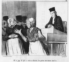 Le juge de paix a rendu sa décision, les parties sont censées être réconciliées..., caricature par Honoré Daumier. Charivari