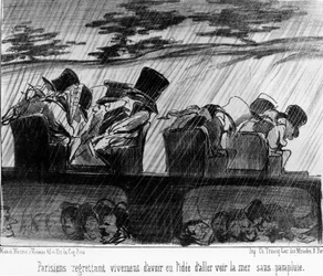 Trains de plaisir: voyageurs sous la pluie - par Daumier, dans "Charivari" du 28/08/1852