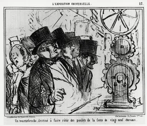 Exposition universelle : une table tournante, conçue pour rôtir des poulets avec la force de vingt-neuf chevaux. Illustration par Honoré Daumier (1808-1879), publiée dans les nouvelles, « Charivari », datée du 20 juillet 1855
