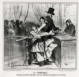 Exposition universelle : le tourniquet : une nouvelle machine inventée par un ennemi des jupons à crinoline. Illustration d