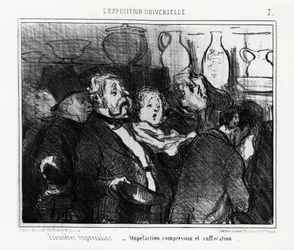 Exposition universelle : premières impressions : stupéfaction, compression et suffocation. Illustration par Honoré Daumier (1808-1879), publiée dans les nouvelles, « Charivari », datée du 24 mai 1855