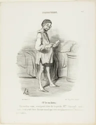 (Il lit une lettre) "Un rendez-vous, ce serait de la part de la jolie Mme Giraud  Oui, mais ça peut aussi venir de son mari qui veut me pincer...", planche 8 de la Coquetterie