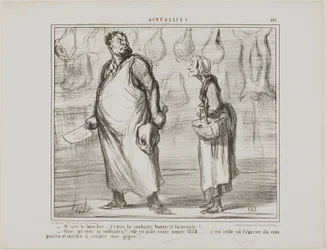 "- Monsieur le boucher, je vous souhaite une bonne et heureuse année... - Quoi  Elle va être belle, cette année 1858... tous les épiciers du coin vont pouvoir vendre mon mouton !...", planche 481 d
