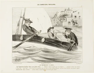 Une manœuvre de bateau. Le capitaine hurle dans sa trompette : "- Gabier ! Il y a un grain qui se prépare, préparez-vous !..... Hissez toutes les voiles !.... C