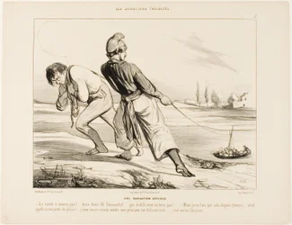 Une navigation difficile. "- Le bateau ne bouge pas ! Tirez Dumouchel, tirez.... pourquoi diable ne tirez-vous pas ! - Mais je ne fais que ça depuis trois heures !.... et on appelle ça un voyage d