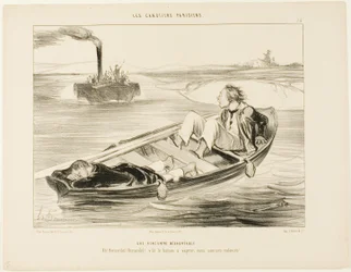 Une rencontre désagréable. "Bernardel, Bernardel ! Voici le vapeur... nous allons couler !", planche 16 des Canotiers Parisiens