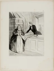 Le canular du vendeur. - Un modèle démodé. "Ce genre de tissu a une teinte délicieuse ; Madame est la première à qui je l