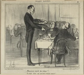 "Monsieur voudrait-il des crêpes  - Il devait être croque-mort", planche 5 des Croquis Parisiens.