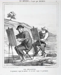 Œuvre de Honoré Daumier (1808-1879). Charivari date de 1865 : Série LES ARTISTES Les paysagistes. « Le premier copie la nature, le second copie le premier » MUSÉE DES BEAUX-ARTS - PALAIS LONGCHAMP, MARSEILLE