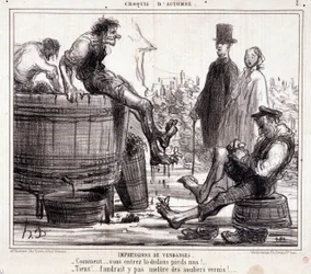 Caricature sur les vendangeurs foulant des raisins pieds nus, de la série « Croquis d