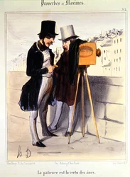 Caricature ridiculisant le temps nécessaire pour prendre une photo daguerréotype, vers 1840