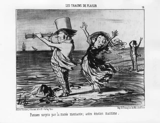 Les Trains de plaisir : Parisiens surpris par la marée montante ; autre émotion maritime - par Daumier « Les chemins de fer », dans « Charivari » du 18/09/1852