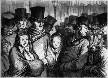 Boulevard du Temple à minuit. À gauche, des gens sortant du drame. À droite, des gens quittant les funambules. Dessin de Honoré Daumier (1808-1879). Gravure dans « Le Monde Illustré » n°254 du 22 février