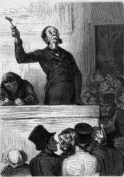 La maison de vente aux enchères: le commissaire-priseur. Caricature par Honoré Daumier (1808-1879). Gravure dans "Le Monde Illustré" n°300 du 10 janvier