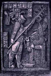 Linteau en pierre sculptée du temple 23, Yaxchilan, 726 après J.-C., montrant le dirigeant Bouclier Jaguar et sa femme, Dame Xoc, réalisant un rituel de saignée, des anciennes cités du Nouveau Monde, par Claude-Joseph-Désiré Charnay