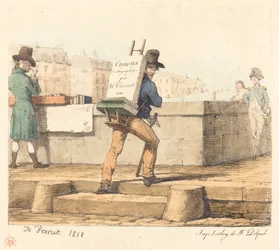 Artiste portant un chevalet avec une pierre lithographique