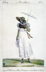 Gravure de mode par Horace Vernet (1789 - 1863), réalisée vers 1810 pour « Un Merveilleux », représentant une femme portant un dais écru, une broderie sanglante, un tartan et un parapluie