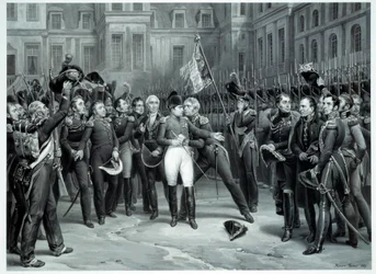 Les adieux de Napoléon Bonaparte (1769-1821) à la garde impériale dans la cour du Cheval Blanc à Fontainebleau 20/04/1814 Gravure par Émile Vernet dit Horace Vernet (1789-1863) 1814 Paris, B.N.