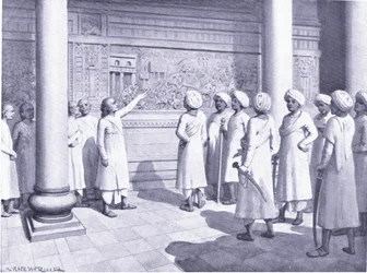 Rajaraja Chola inspecte le bas-relief de ses exploits à Tanjure 995 après J.-C.