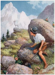 Il vit Slatarog debout sur un sommet, des Contes de fées italiens, par Lilia E. Romano, publié par Raphael Tuck & Sons