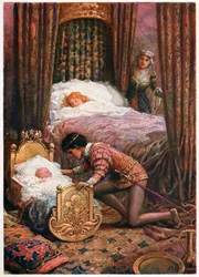 Il se pencha pour embrasser le petit bébé, des Contes de fées italiens, par Lilia E. Romano, publié par Raphael Tuck & Sons