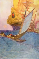 Une attaque sur un galion, début du 20ème siècle (illustration de livre)