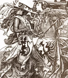 Légende arthurienne : Kay (Keu), chevalier de la Table Ronde, brisant son épée lors d