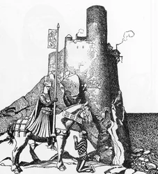 Légende arthurienne : Tristan arrivant au château de Nabon Illustration par Howard Pyle (1853-1911) de « L