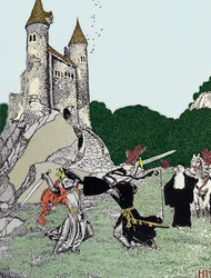 Bataille entre le roi Arthur et le chevalier noir en présence de Merlin l
