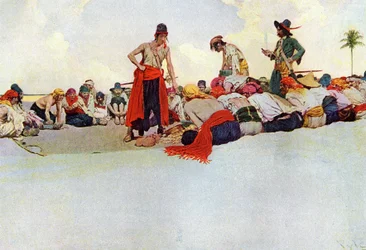 Partage du trésor entre les pirates réunis en cercle. Illustration du "Livre des pirates, boucaniers et marrons de la mer des Caraïbes" par Howard Pyle (1853-1911), illustrateur américain