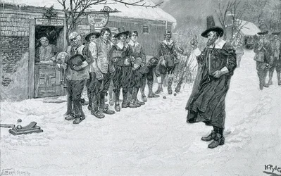 Le gouverneur puritain interrompant les sports de Noël, gravé par J. Bernstrom, illustration de 