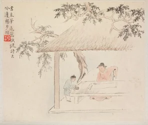 Album de Peintures de Paysages Illustrant de Vieux Poèmes : Un homme assis à une table devant un rouleau ouvert ; un garçon mélange de l