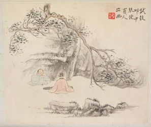 Album de peintures de paysages illustrant de vieux poèmes : Deux figures à l