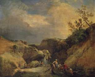 Paysage rocheux boisé avec des voyageurs conversant près d