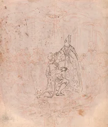 Conception pour un frontispice : Un évêque conférant un honneur, scène dans un cartouche