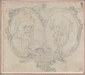 Double cartouche avec deux têtes et symboles de la renommée et de la folie