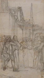 Illustration littéraire : Homme avec épée confrontant un groupe de figures devant un bâtiment