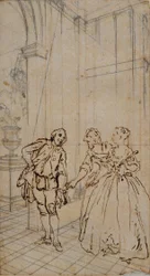 Illustration littéraire avec gentleman et deux dames à l