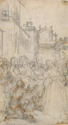 Illustration littéraire avec groupe de figures suppliant un homme