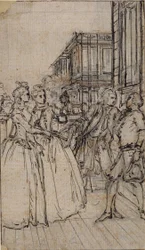 Illustration littéraire avec deux dames et deux messieurs dans une rue