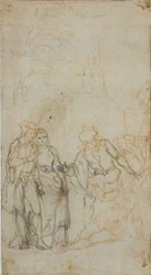 Illustration littéraire non identifiée avec un groupe de figures entourant une figure allongée dans un paysage