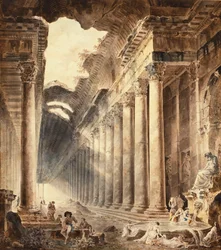 Un bâtiment thermal à colonnades, le toit partiellement ouvert au ciel, avec des filles lavant des vêtements à une fontaine sous une statue