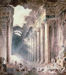 Un bâtiment thermal à colonnades, le toit partiellement ouvert au ciel, avec des filles lavant des vêtements